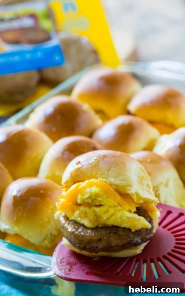 Easy Breakfast Sliders with Sausage, egg, and cheese.