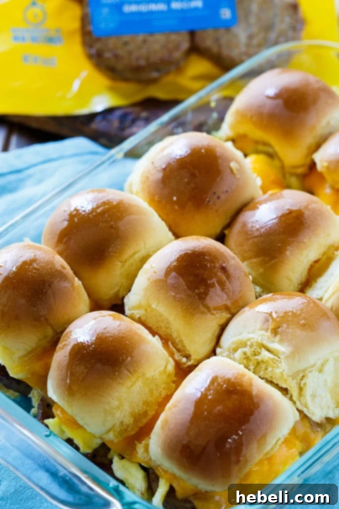 Easy Breakfast Sliders with sausage, egg, and cheese.