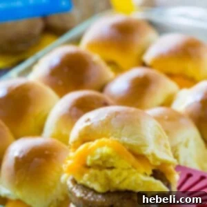 Easy Breakfast Sliders with Sausage, egg, and cheese.