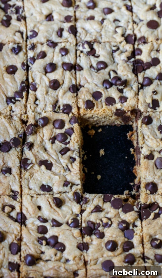 A tray of freshly baked Peanut Butter Bars with Chocolate Chips