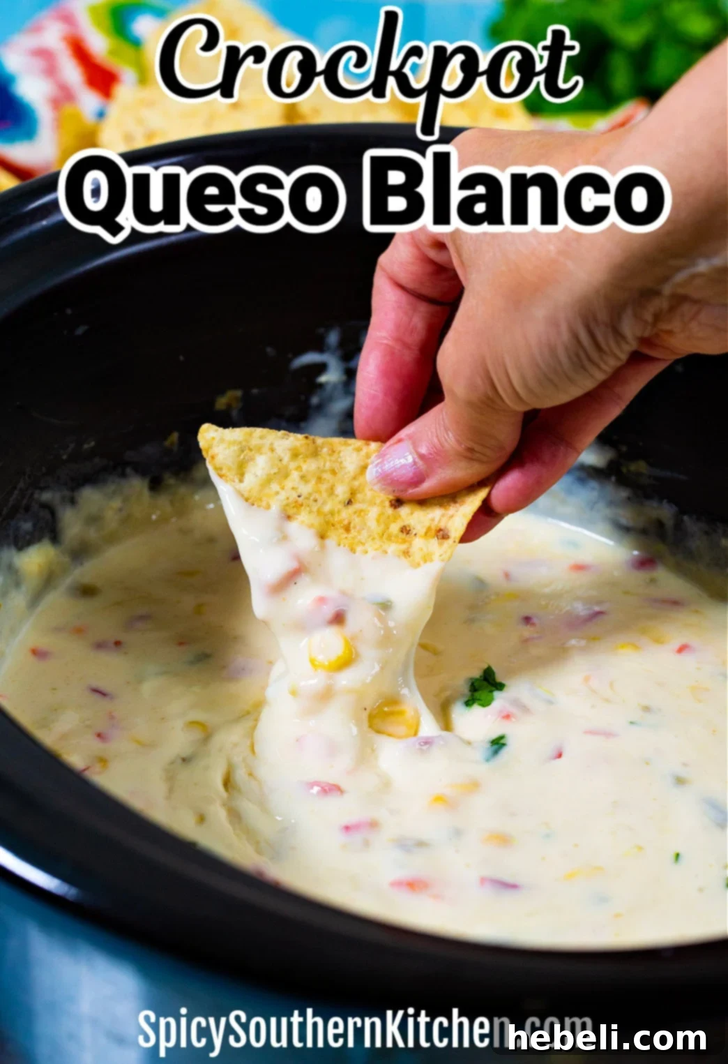 Creamy Crock Pot Queso Blanco 4 Chip dipping into slow cooker Queso Blanco.