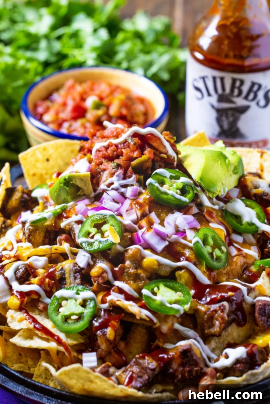 A cast iron pan brimming with BBQ Steak Nachos, garnished with fresh cilantro and served alongside a small bowl of vibrant pico de gallo.