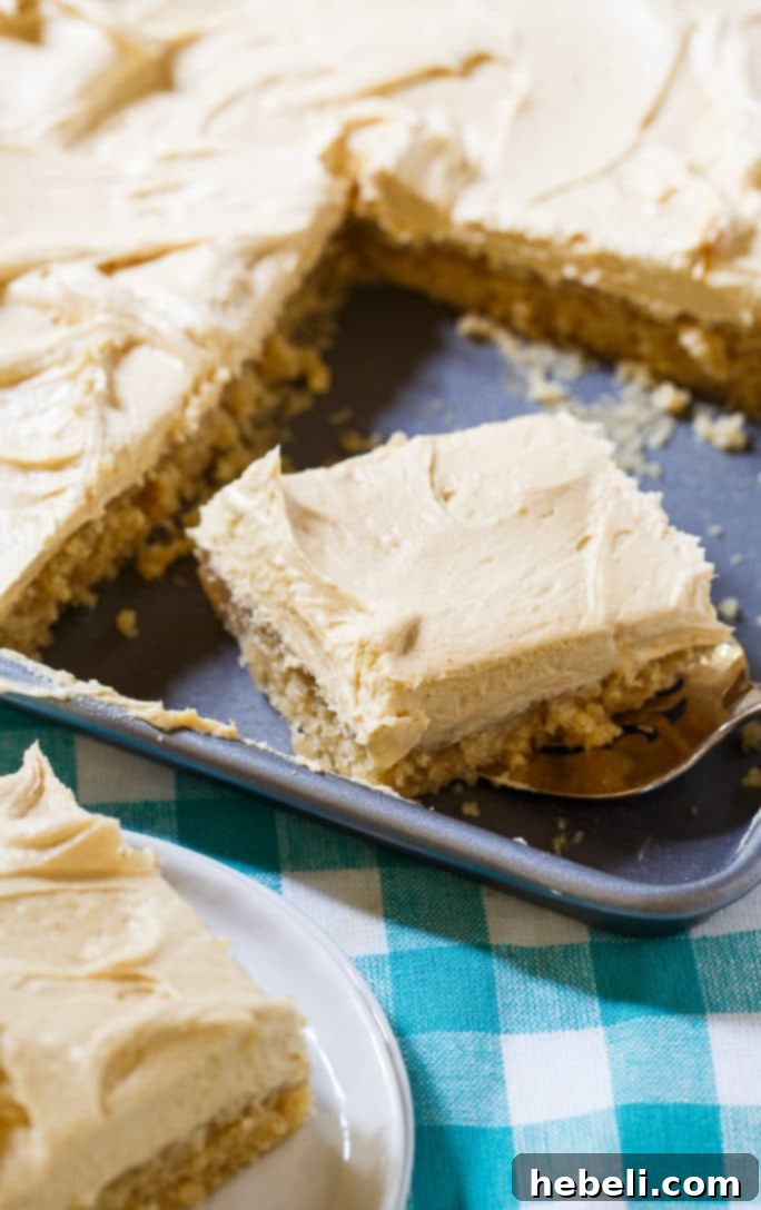 A glorious Peanut Butter Sheet Cake, perfectly frosted and ready to be enjoyed.