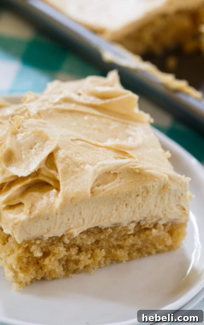 A stunning close-up of Peanut Butter Sheet Cake with its fluffy, irresistible peanut butter frosting.