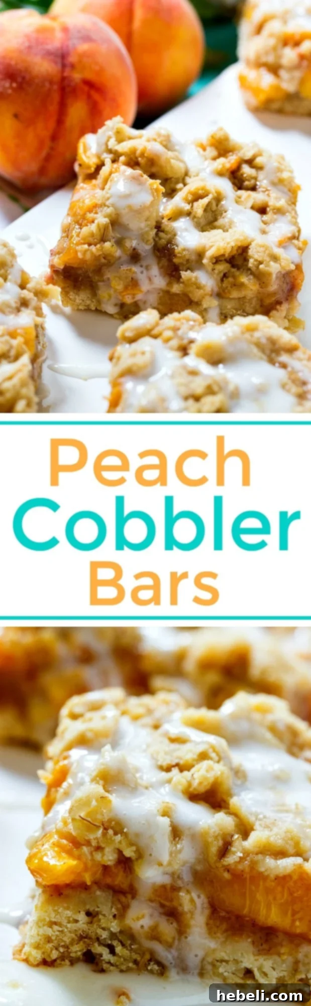 Easy and Delicious Peach Cobbler Bars 3 Close-up of freshly baked Peach Cobbler Bars, showcasing their golden crust and juicy peach filling.