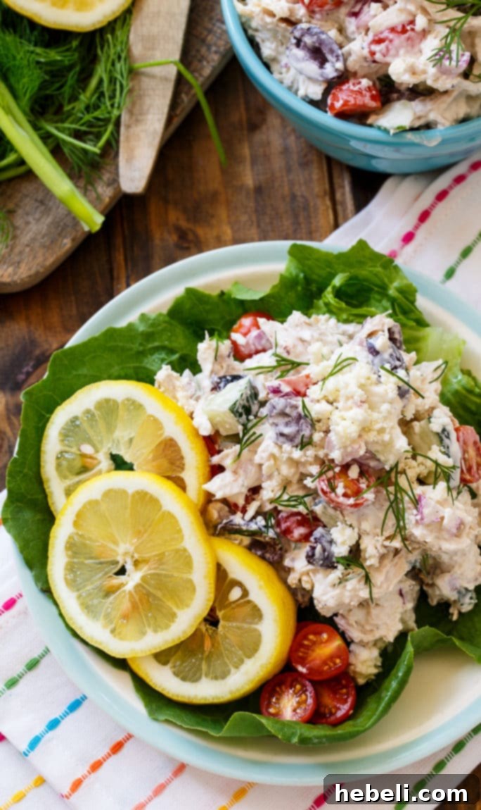 Sun-Drenched Greek Chicken Salad 3 Greek Chicken Salad with feta cheese, kalamata olives, and fresh dill.