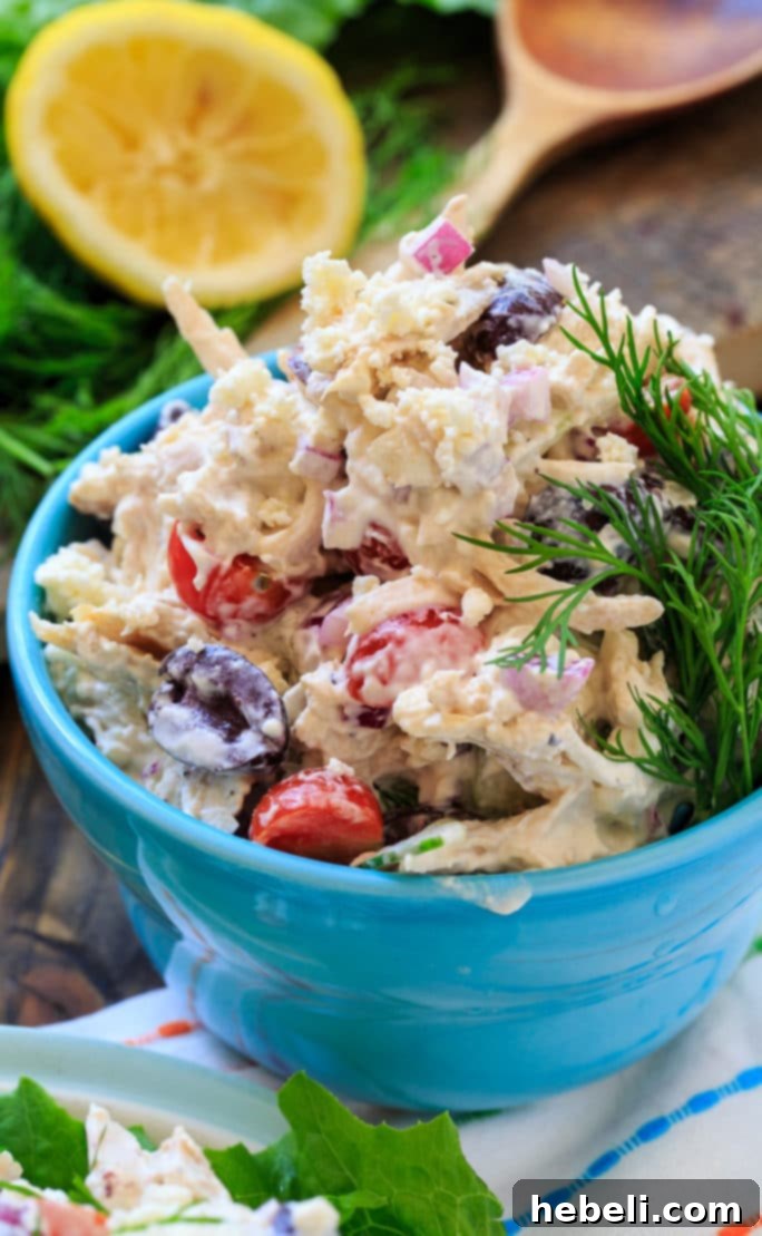 Sun-Drenched Greek Chicken Salad 4 Greek Chicken Salad with feta cheese, kalamata olives, fresh dill, and cucumbers.