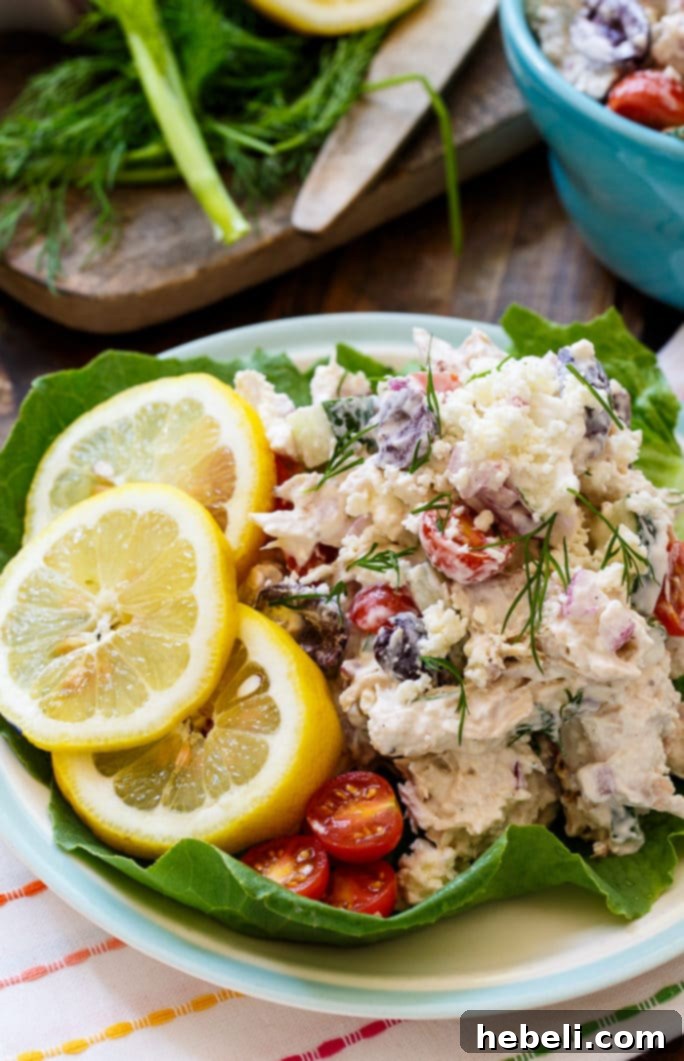 Sun-Drenched Greek Chicken Salad 5 Greek Chicken Salad with feta cheese, Greek yogurt, and olives.