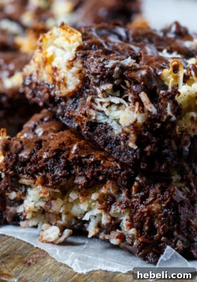 Baked Easy Macaroon Brownies, ready to be sliced and enjoyed