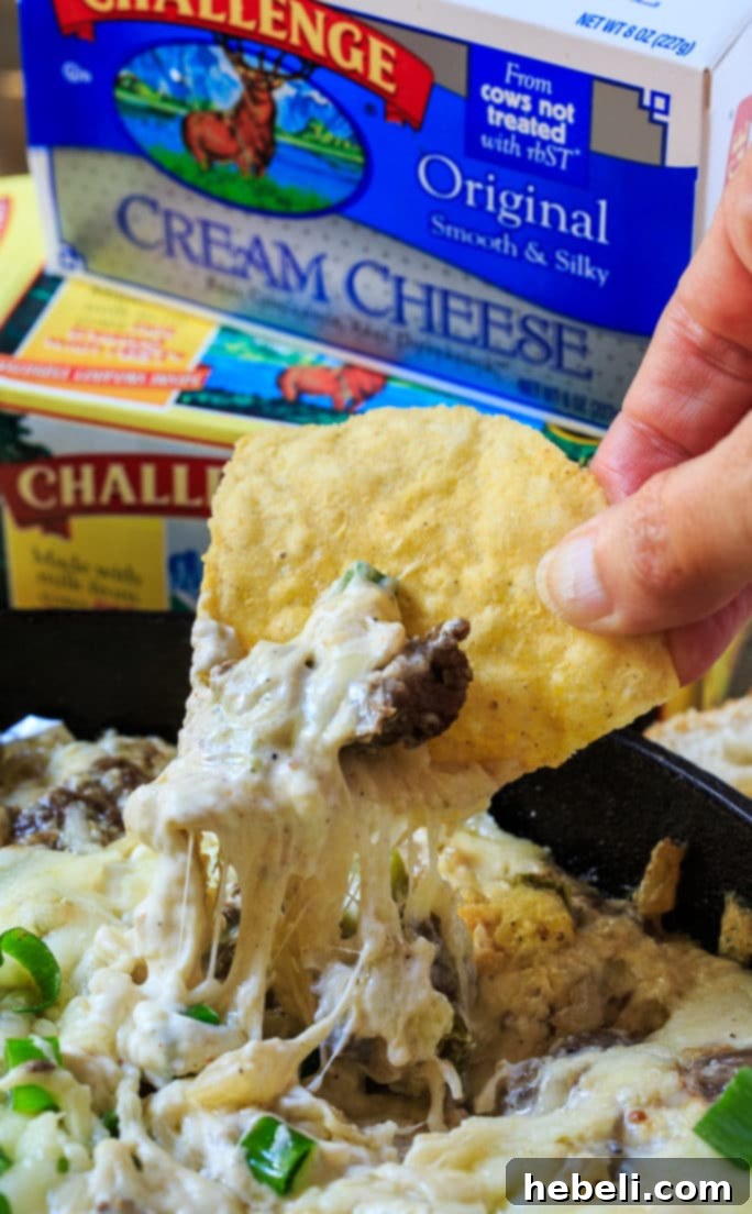 Philly Cheese Steak Dip garnished with green onions