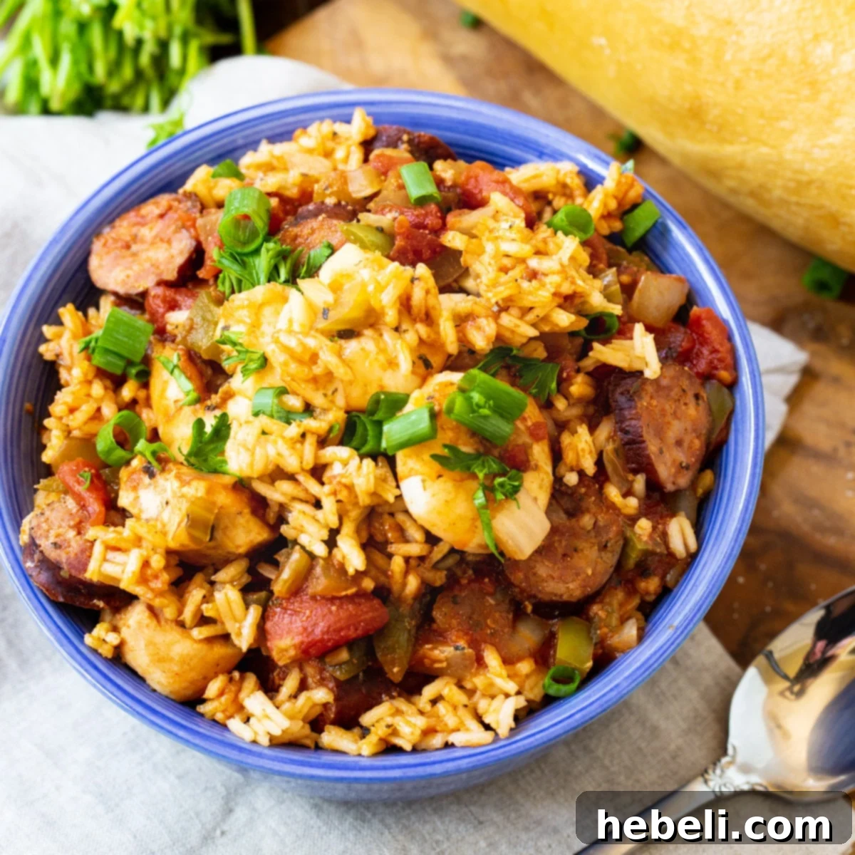 Set-and-Forget Slow Cooker Jambalaya 2 A bowl of Slow Cooker Jambalaya with chicken, shrimp, and andouille sausage, garnished with fresh parsley.