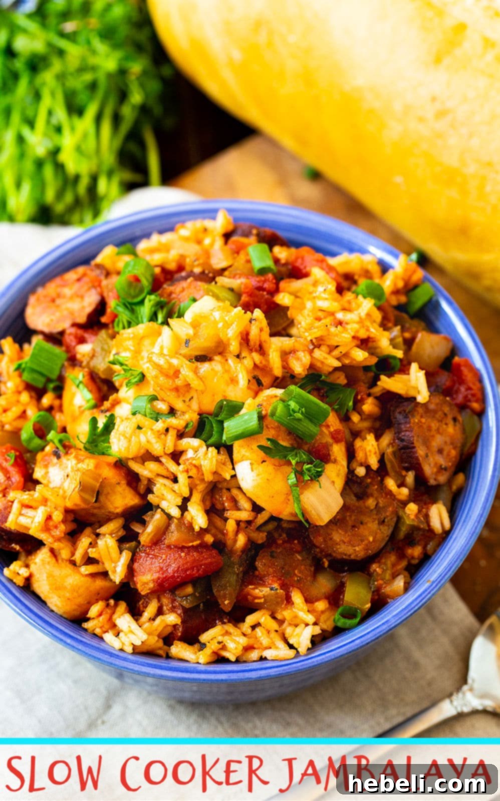 Set-and-Forget Slow Cooker Jambalaya 6 A top-down view of Slow Cooker Jambalaya, garnished with fresh herbs.