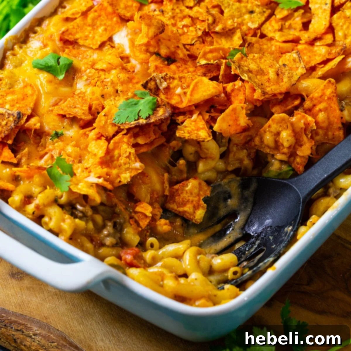 Nacho Mac and Cheese in a baking dish, ready to serve.