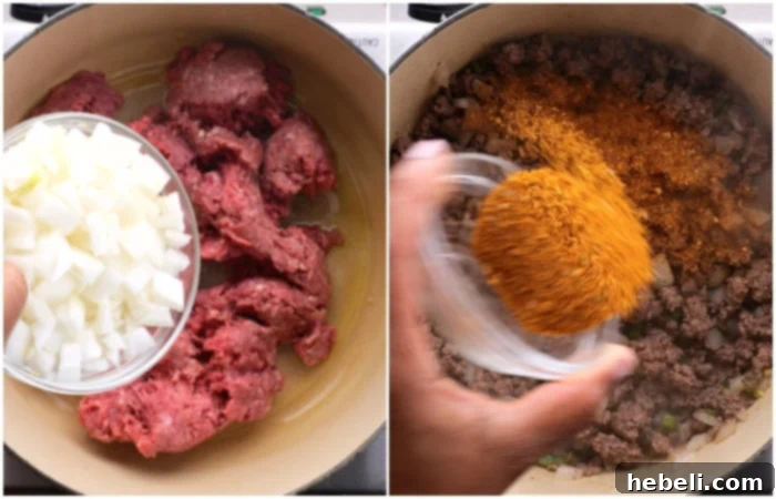 Making the ground beef mixture for Nacho Mac and Cheese.