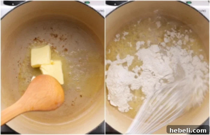 Making the roux for the cheesy sauce.