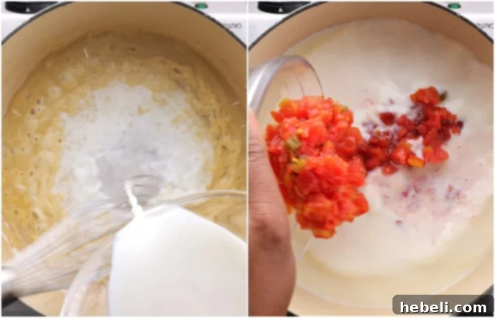 Adding milk and Rotel tomatoes to the roux.