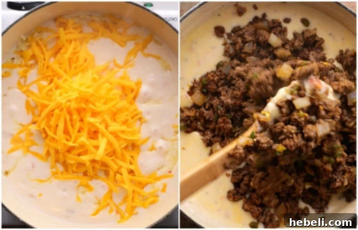 Adding shredded cheese and ground beef mixture to the sauce.