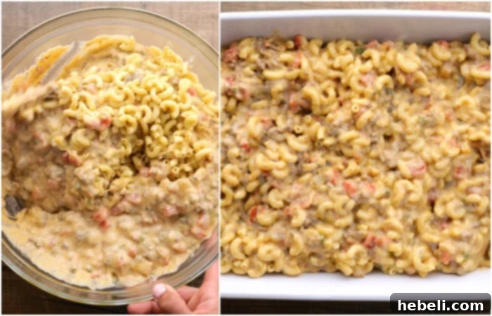 Transferring Nacho Mac and Cheese to a baking dish.