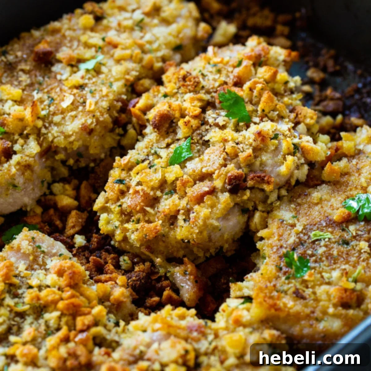 Stuffing Coated Pork Chops in baking dish.