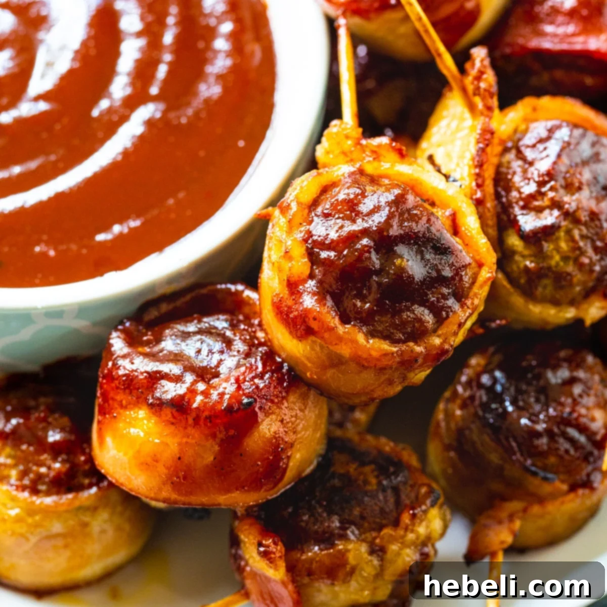 A plate of freshly baked Barbecue Bacon Meatballs with a small bowl of BBQ dipping sauce, ready to be enjoyed as a party appetizer.