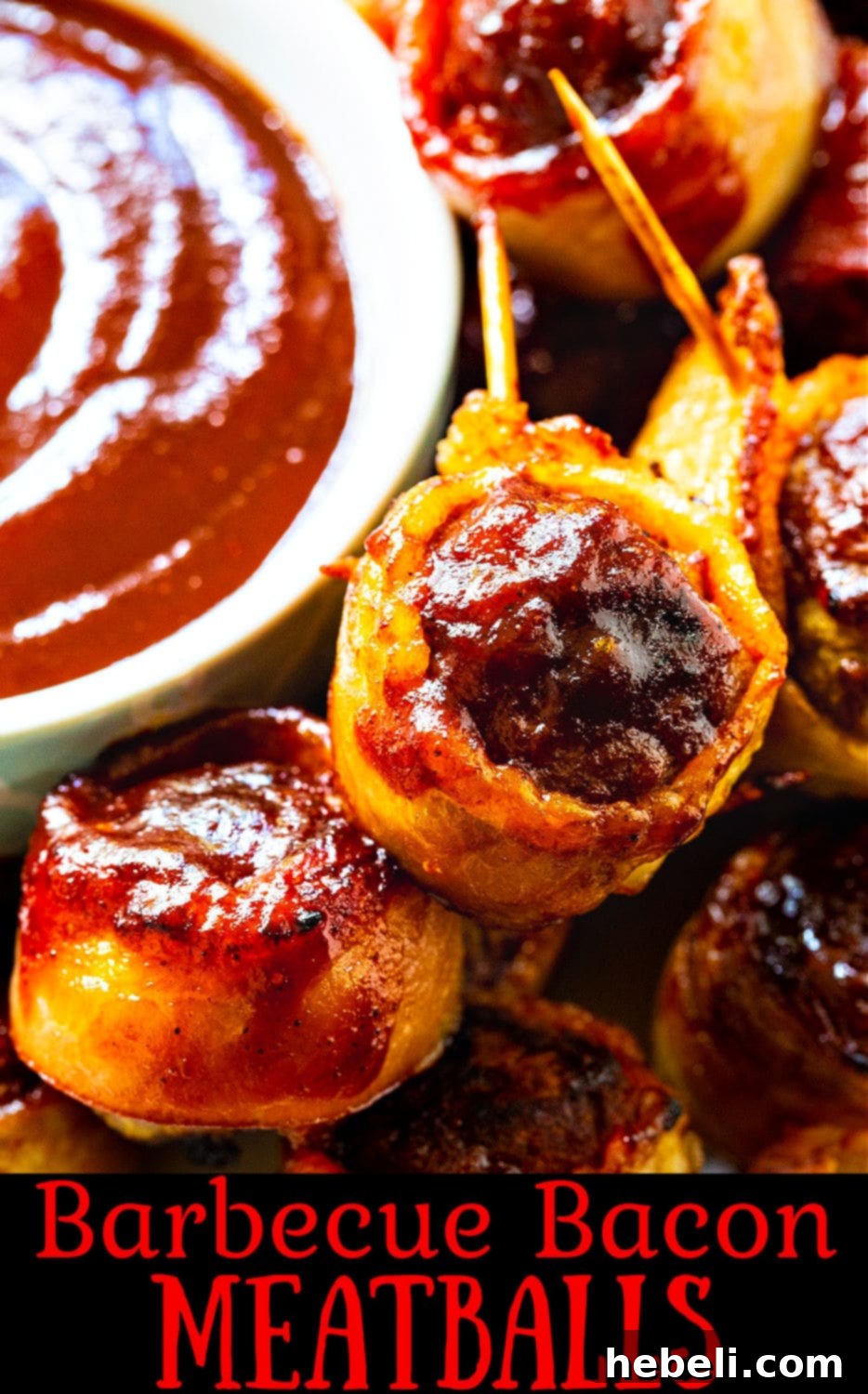 A final presentation of Barbecue Bacon Meatballs, garnished and artfully arranged on a platter, ready to be served at an event.