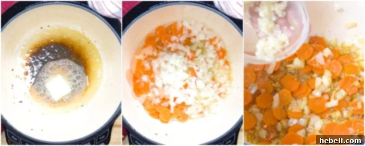 Cooking the onion, carrots, and garlic until fragrant and tender in a pot.