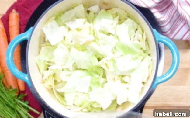 Chopped green cabbage added to the pot with other vegetables, beginning to wilt and soften.