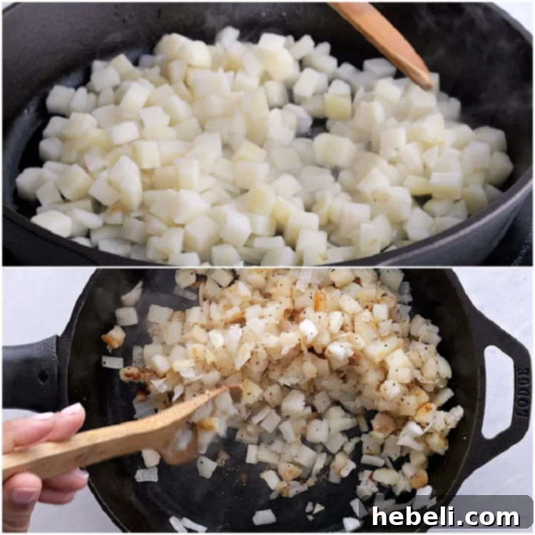 Cooking the potatoes and onion in a skillet until golden and tender.