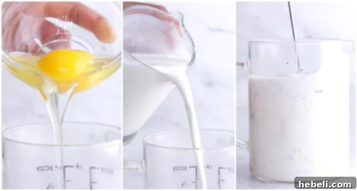 Whisking eggs, half-and-half, and seasonings in a bowl for the quiche filling.