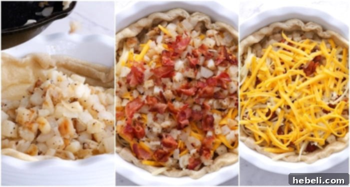 Layering the potato, bacon, and cheese mixture into the pie crust.