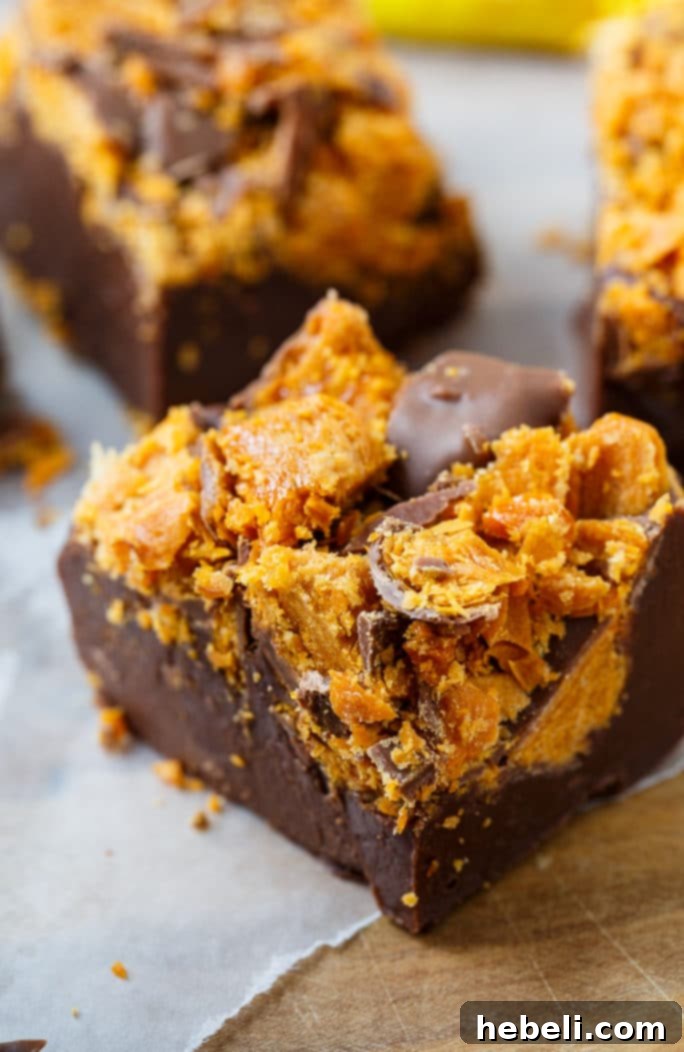 Close-up of Butterfinger Fudge slices, showing the crunchy candy topping and rich chocolate base
