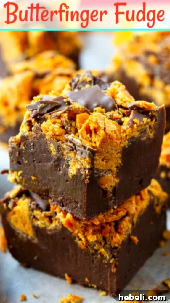 Large image of Butterfinger Fudge slices arranged beautifully, highlighting the texture