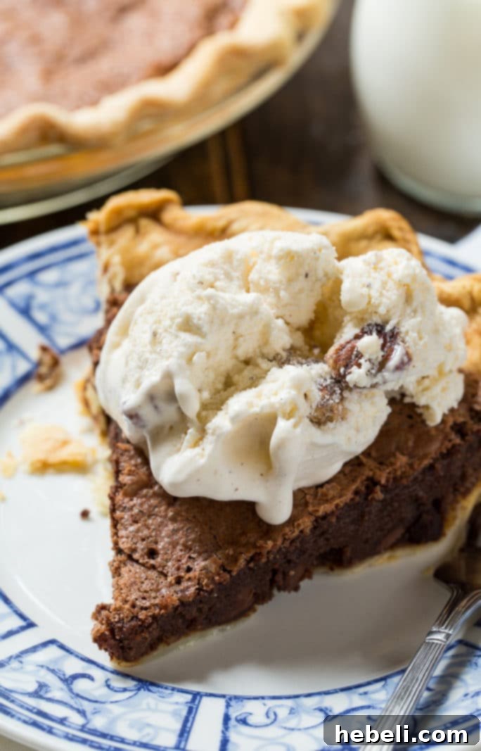 Close-up of a slice of Brownie Pie, showing the fudgy texture and chocolate chips.
