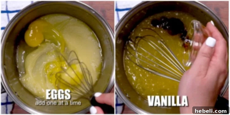 Eggs and vanilla extract being whisked into the sugar-butter mixture.