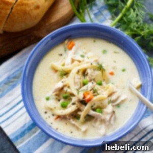 Creamy Chicken Noodle Soup in a rustic bowl with a spoon