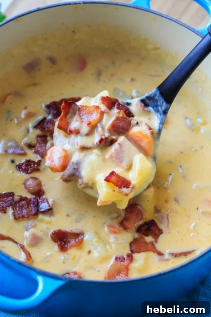 Comforting Cheesy Ham and Potato Chowder 3 Close-up of creamy Cheesy Ham and Potato Chowder