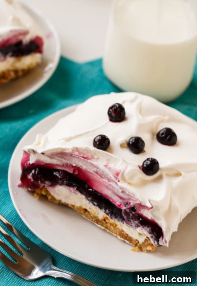Gorgeous Blueberry Delight, rich and creamy, making it the ideal dessert for any potluck or gathering.