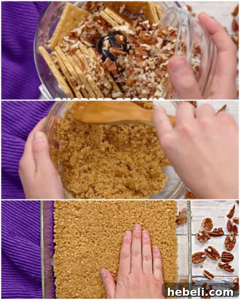 Visual steps of creating the graham cracker and pecan crust for Blueberry Delight.