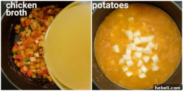 Creamy Spicy Chicken & Sweet Corn Chowder 6 Adding broth and potatoes to the pot