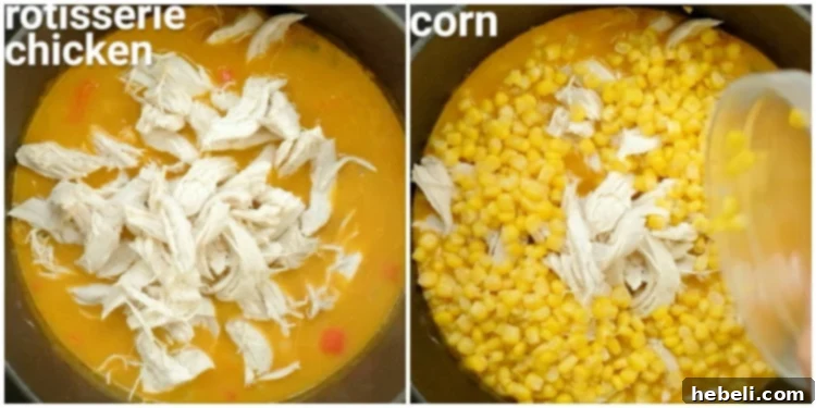 Creamy Spicy Chicken & Sweet Corn Chowder 7 Adding chicken and corn to the simmering chowder