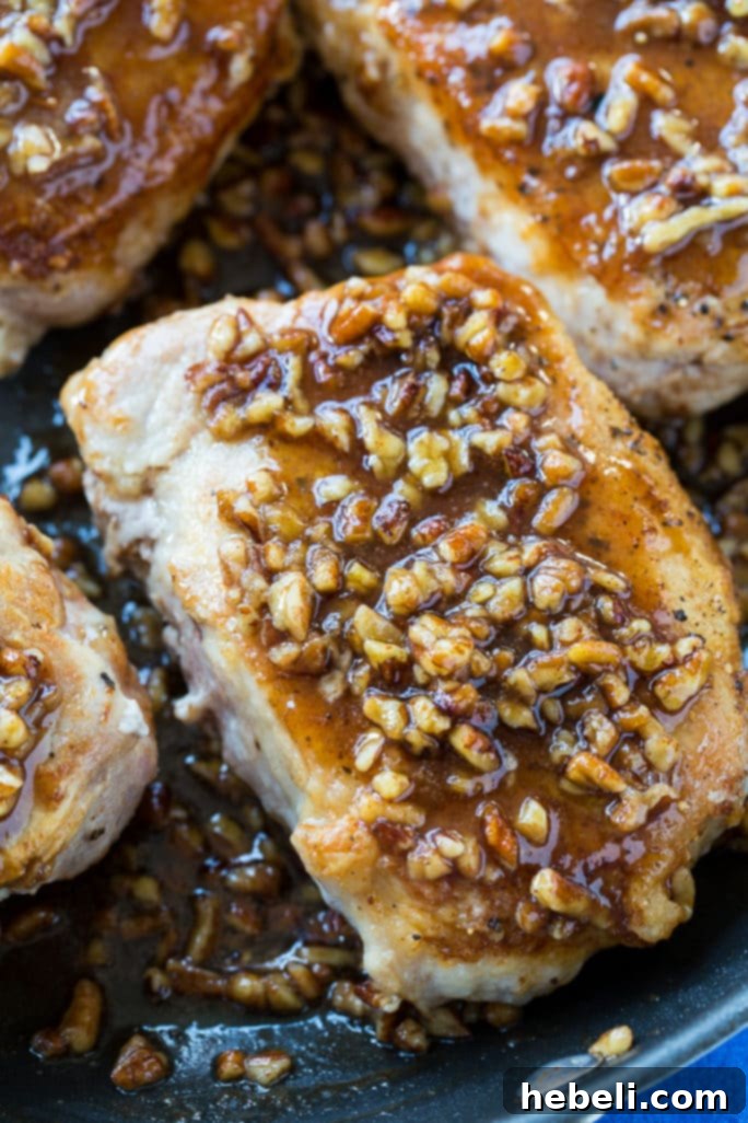 Finished Honey Pecan Pork Chops with glaze, ready to serve