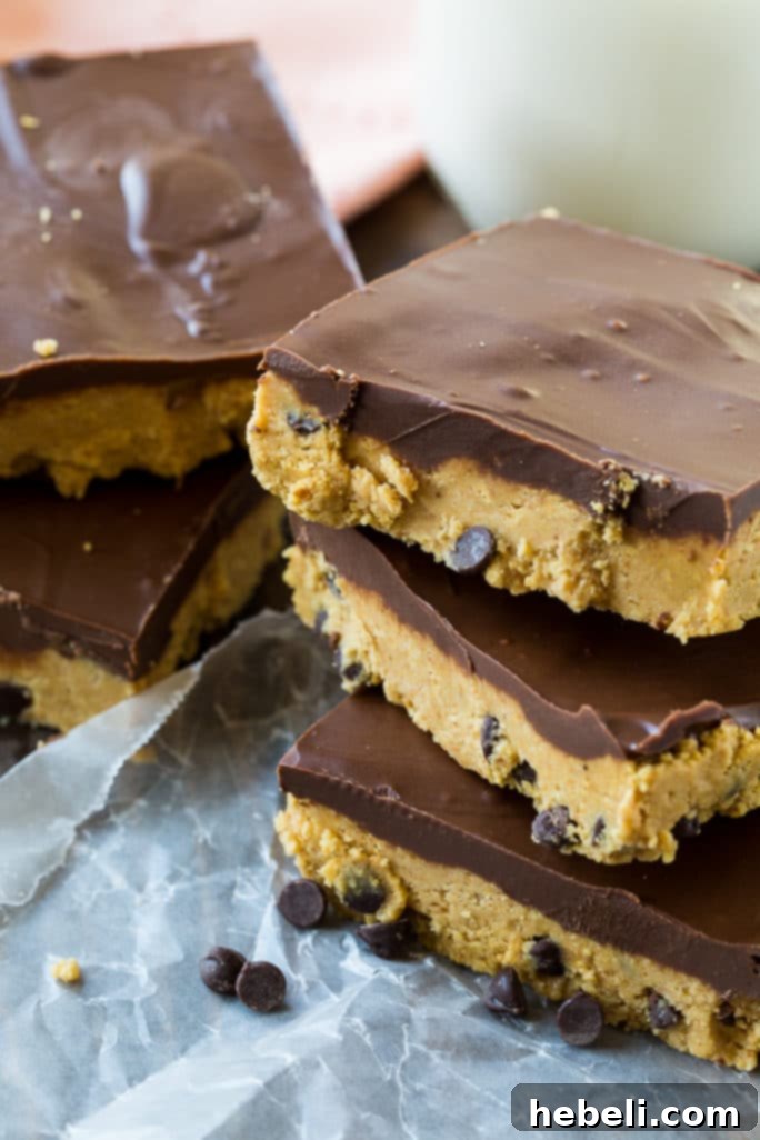 Effortless Chocolate Peanut Butter Squares 3 A close-up of No-Bake Chocolate Peanut Butter Bars, showcasing their distinct layers of peanut butter graham cracker base and chocolate topping.