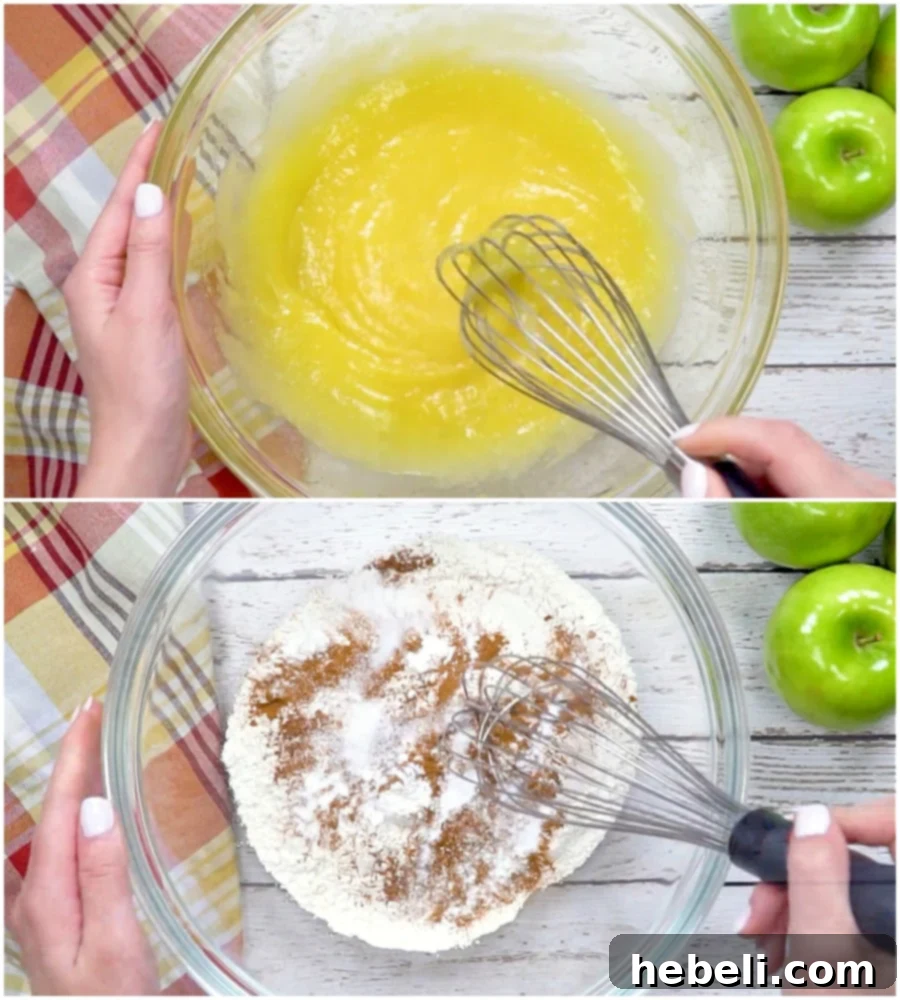 Homestyle German Apple Cake 4 Wet ingredients in one mixing bowl and dry ingredients in another, ready to be combined.