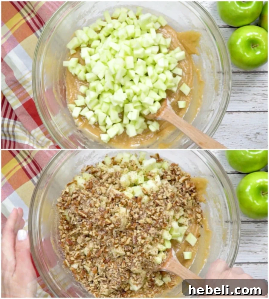 Homestyle German Apple Cake 6 Freshly chopped apples and crunchy pecans being folded into the cake batter.