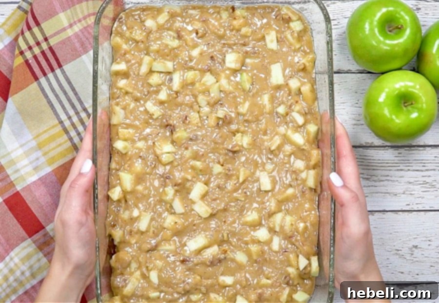 Homestyle German Apple Cake 7 The cake batter poured evenly into the baking pan, ready for the oven.