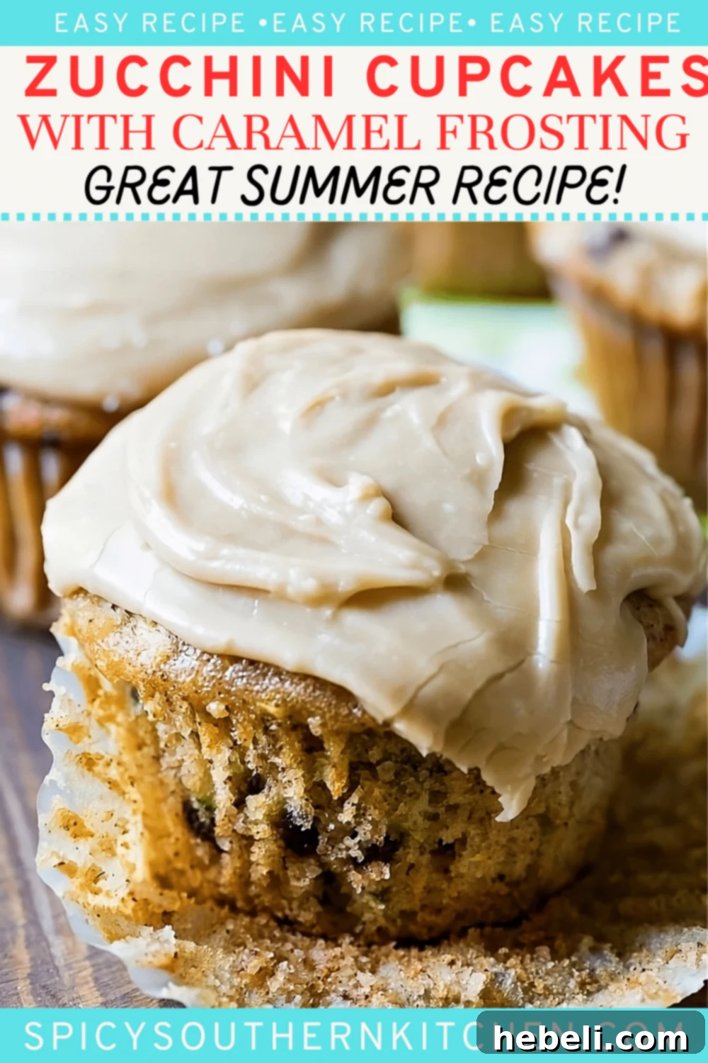 Close-up of a Zucchini Cupcake with wrapper peeled back, showing the moist cake, chocolate chips, and generous caramel frosting