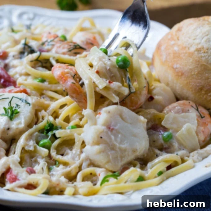 Lowcountry Fettuccine - creamy seafood pasta with shrimp, scallops, and crab