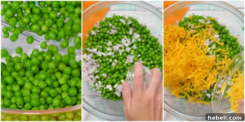 Adding peas, onion, and cheese to the dressing.