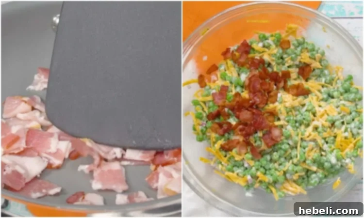 Adding crumbled bacon on top of the pea salad.