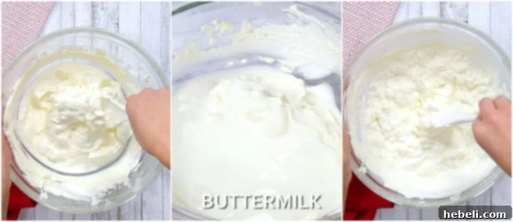 Mixing softened cream cheese and buttermilk until smooth.